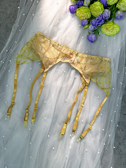 Free Shipping For Golden Embroidered See Through 3pc Lingerie Set