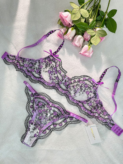 Free Shipping For  Purple Blossom Delights Embroidery Lingerie Set