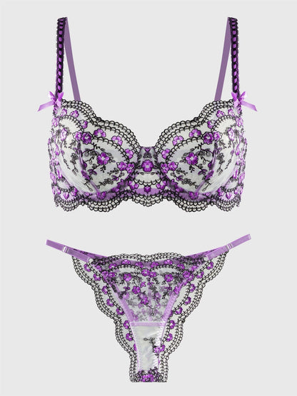 Free Shipping For  Purple Blossom Delights Embroidery Lingerie Set