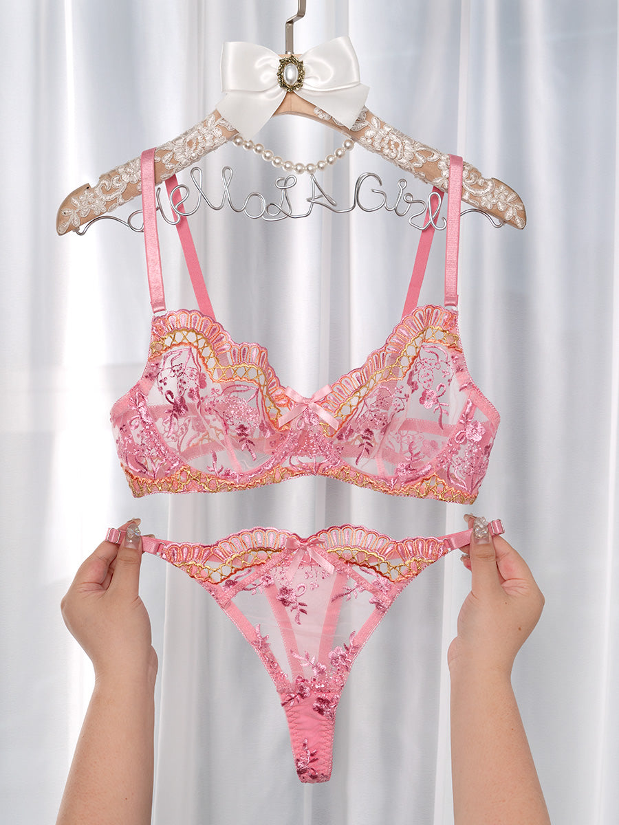 Free Shipping For Pink Fancy Embroidery Lingerie Set