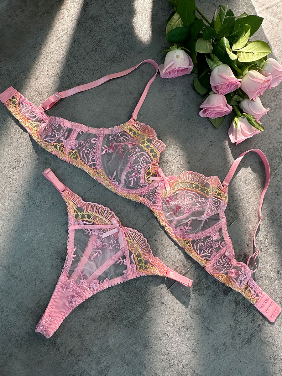 Free Shipping For Pink Fancy Embroidery Lingerie Set