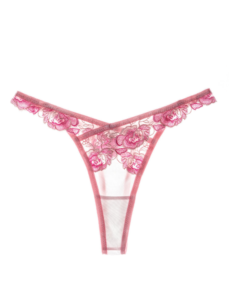 Free Shipping For Pink 2 Layers Flowers Border Embroidery Thong