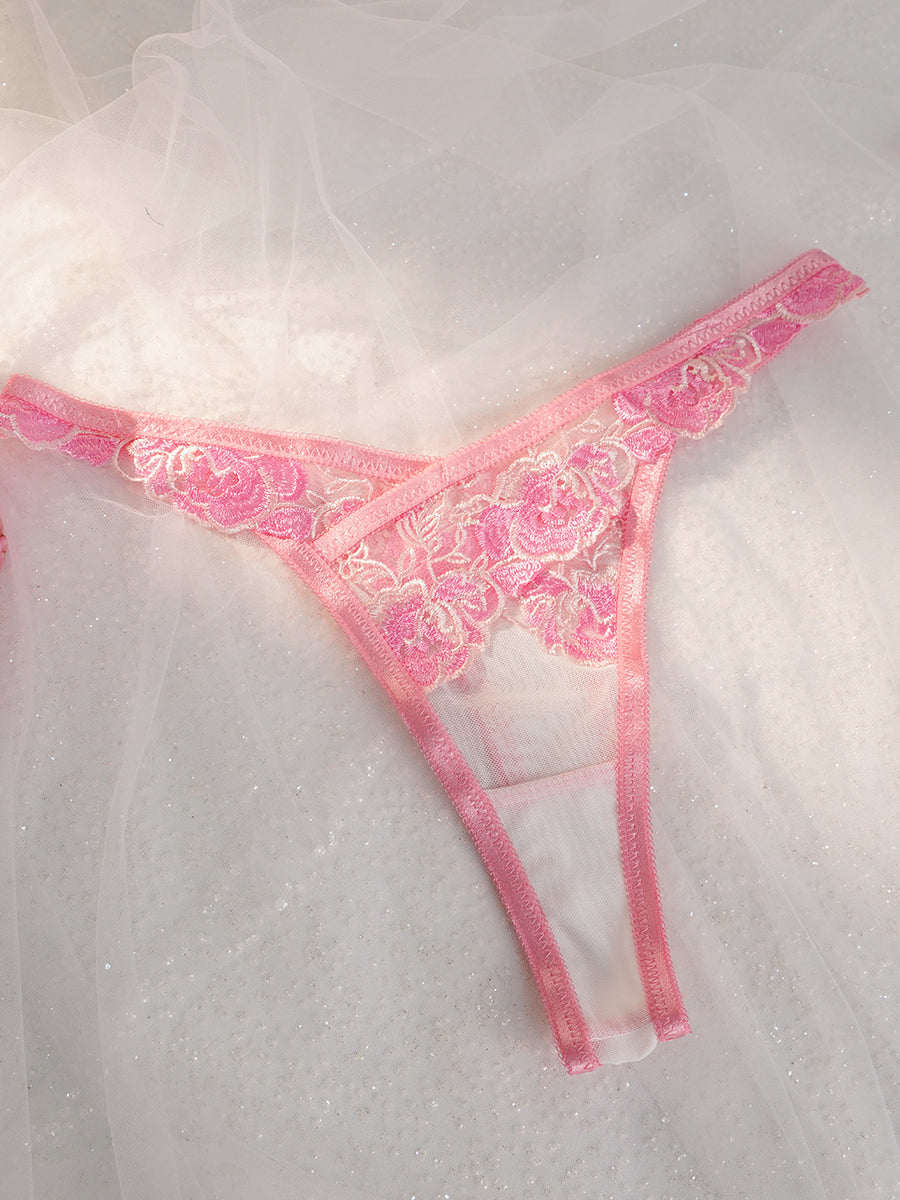 Free Shipping For Pink 2 Layers Flowers Border Embroidery Thong