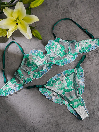 Free Shipping For Green Leaves Embroidery Lingerie Set