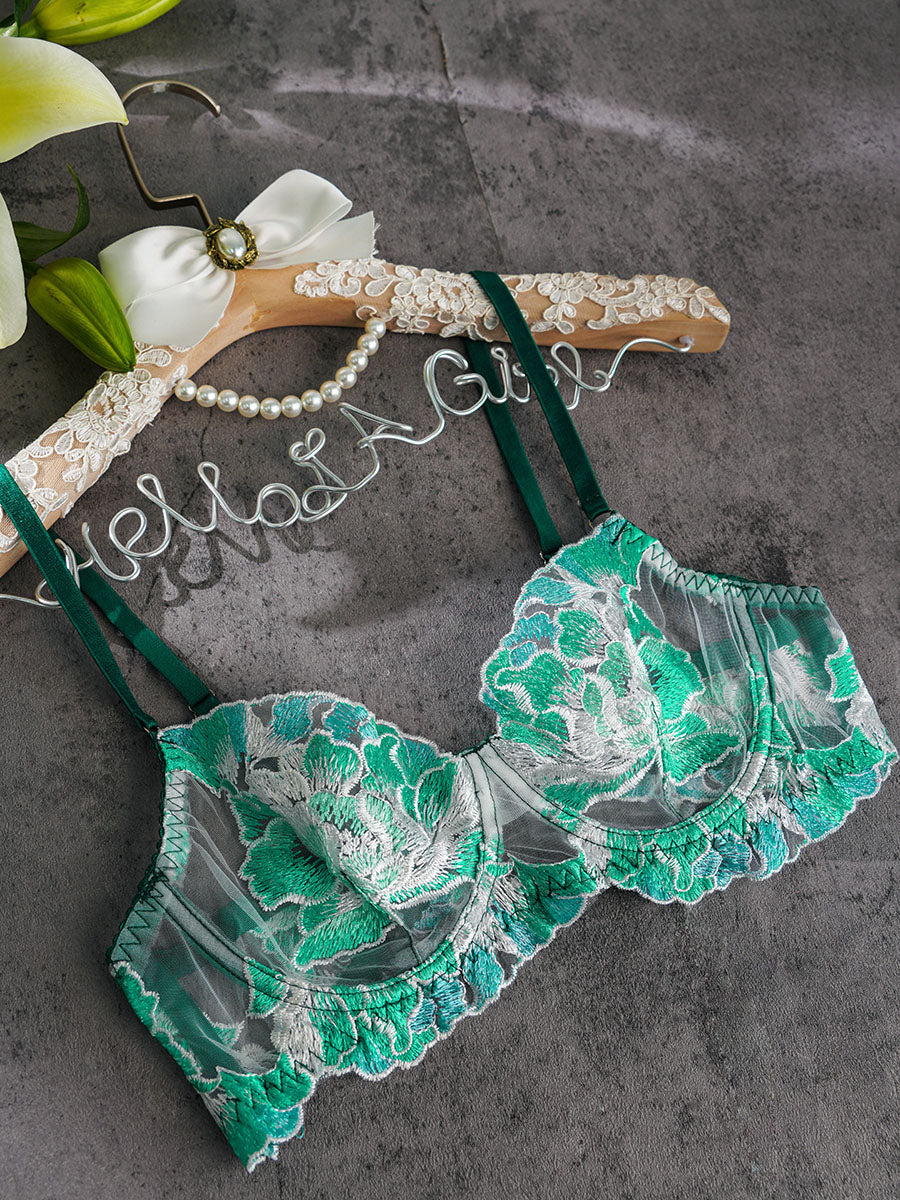 Free Shipping For Green Leaves Embroidery Lingerie Set