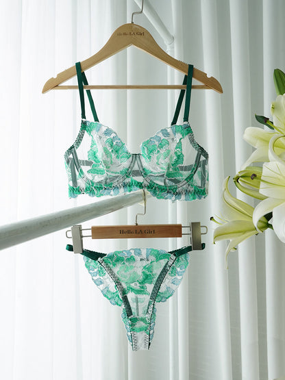 Free Shipping For Green Leaves Embroidery Lingerie Set