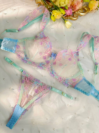 Free Shipping For Blue Butterfly Bow Colorful Embroidered Flower Lingerie Set