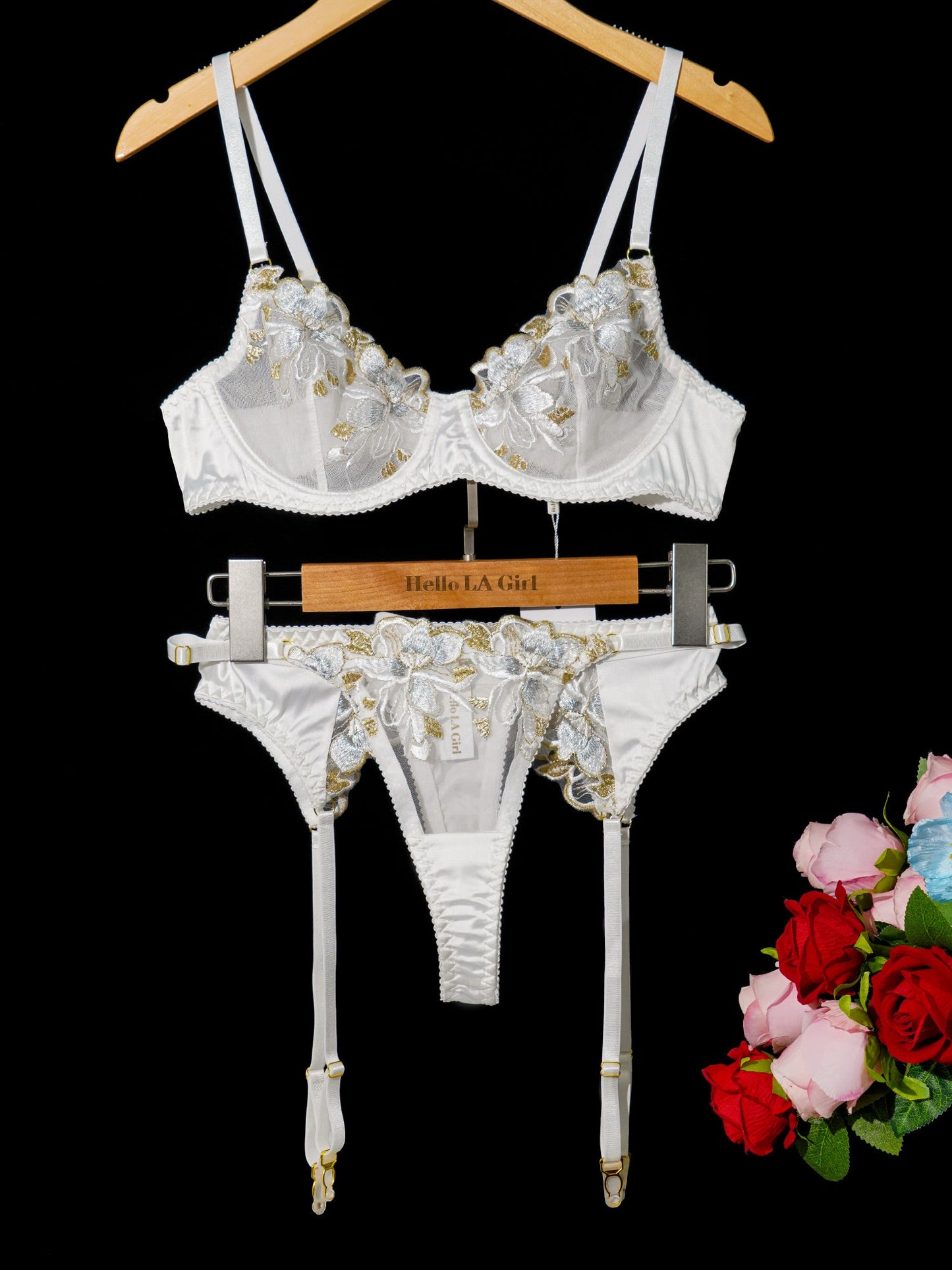 Free Shipping For  White &Gold Thread Embroidered Lingerie Set