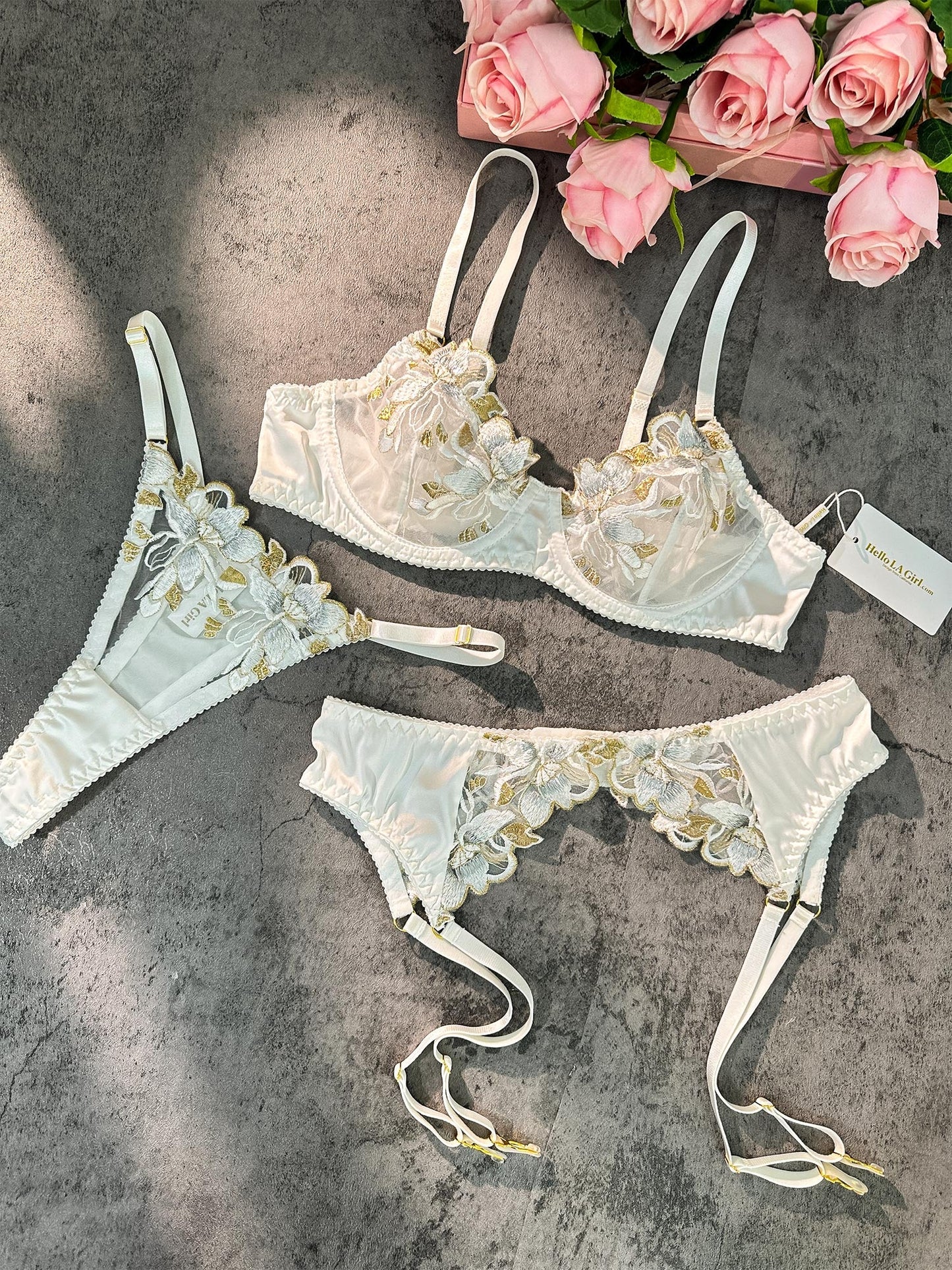 Free Shipping For  White &Gold Thread Embroidered Lingerie Set