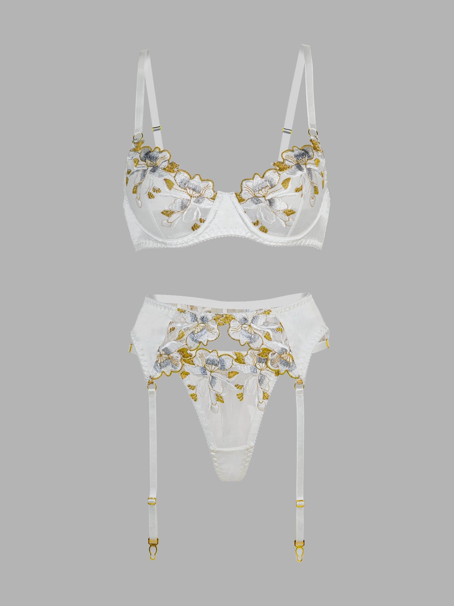 Free Shipping For  White &Gold Thread Embroidered Lingerie Set