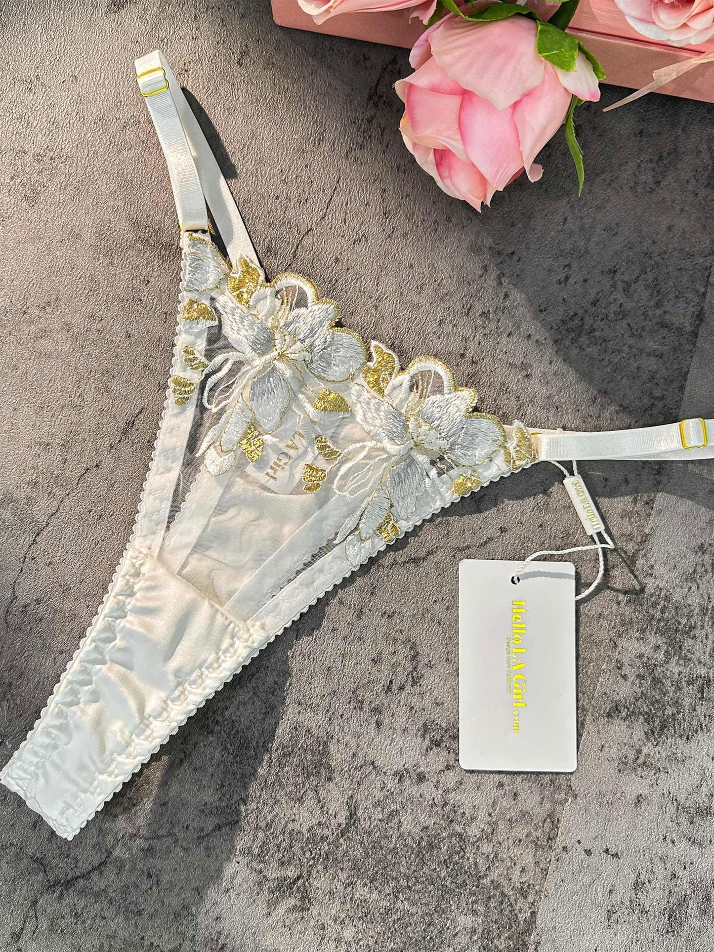 Free Shipping For  White &Gold Thread Embroidered Thong