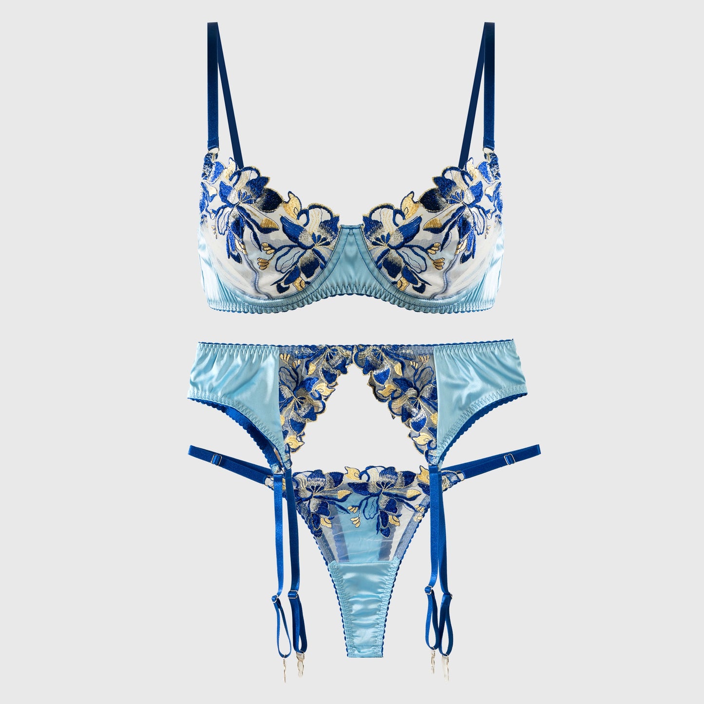 Free Shipping For Fresh Blue Satin Embroidered Lingerie