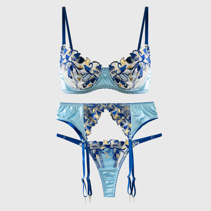 Free Shipping For Fresh Blue Satin Embroidered Lingerie