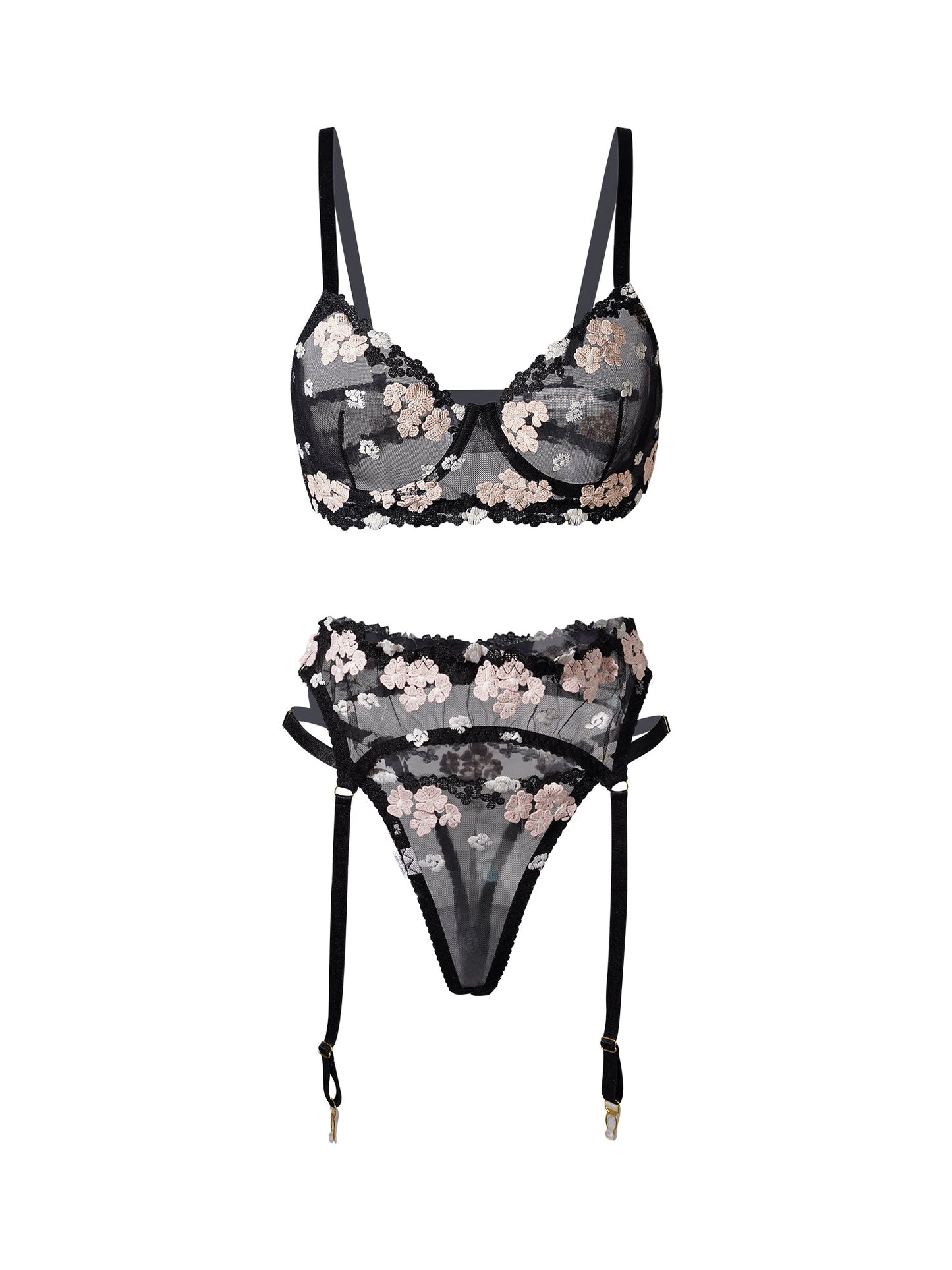 Free Shipping For  Black Cherry Blossoms Sheer Lace Lingerie Set