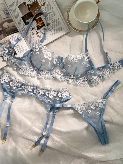 Free Shipping For Blue Cherry Blossoms Sheer Lace Lingerie Set