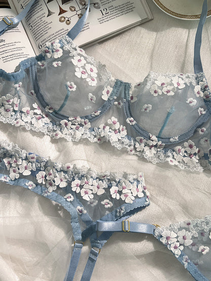 Free Shipping For Blue Cherry Blossoms Sheer Lace Lingerie Set