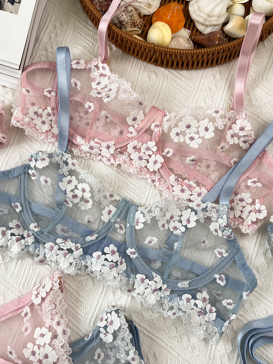 Free Shipping For Blue Cherry Blossoms Sheer Lace Lingerie Set