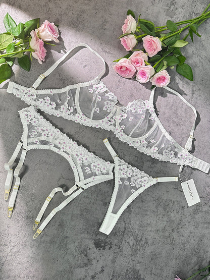 Free Shipping For  White Cherry Blossoms Sheer Lace Lingerie Set