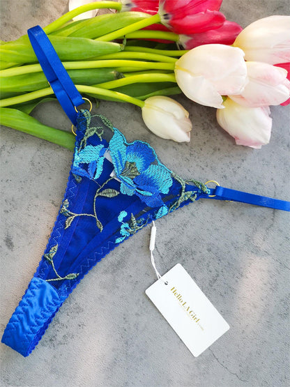 Free Shipping For Sexy Blue Satin Floral Embroidered 3pc Lingerie Set