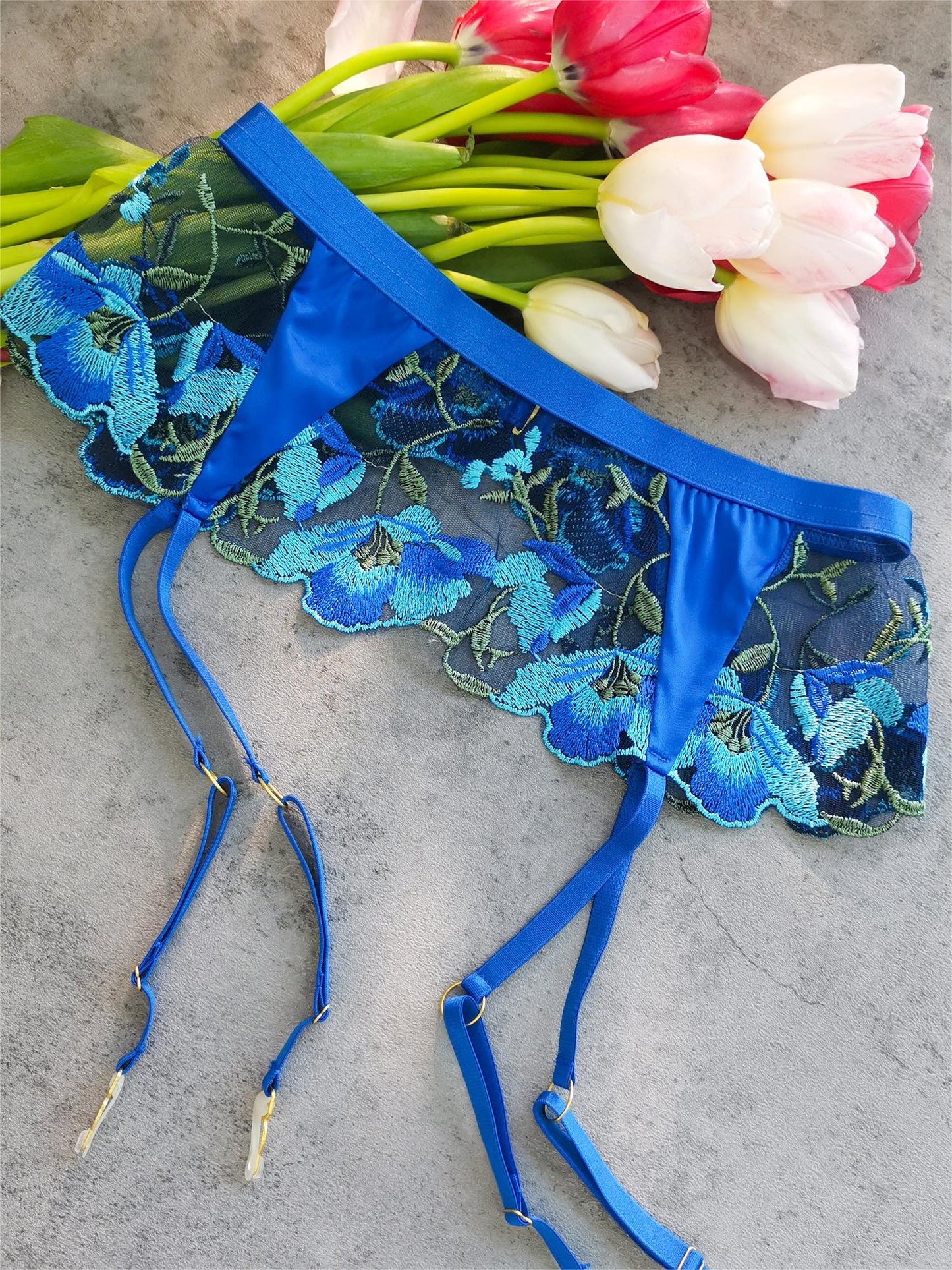 Free Shipping For Sexy Blue Satin Floral Embroidered 3pc Lingerie Set