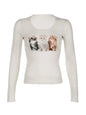 Free Shipping For 'Meoww' Lace Slimming Long-Sleeved Solid Color T-Shirt