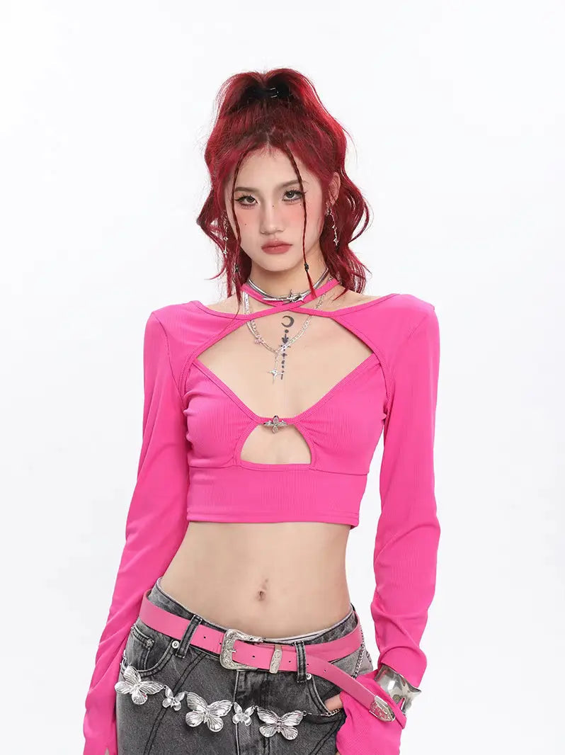 Free Shipping For 'Momo' Hot Pink Cut Out Long Sleeves Top