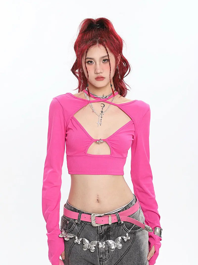 Free Shipping For 'Momo' Hot Pink Cut Out Long Sleeves Top