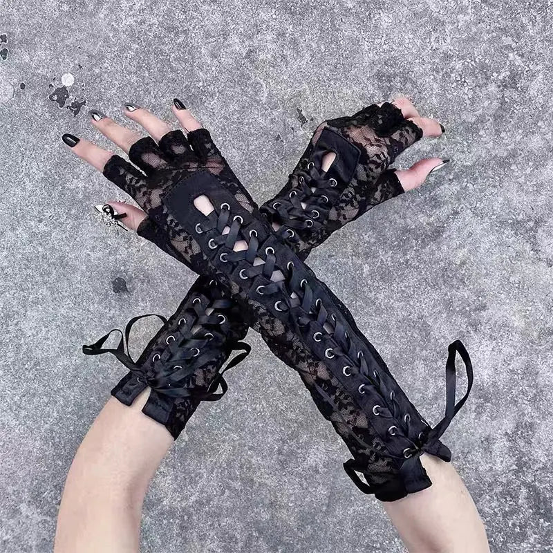 Free Shipping For 'Moonlight' Lace Strap Mesh Goth Gloves