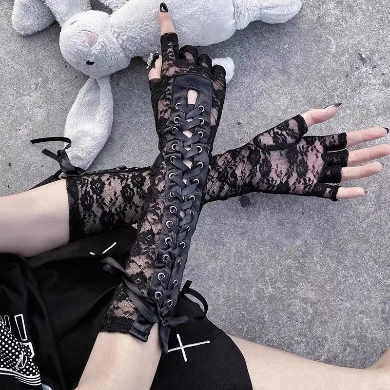 Free Shipping For 'Moonlight' Lace Strap Mesh Goth Gloves