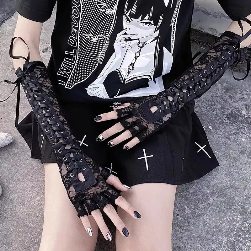 Free Shipping For 'Moonlight' Lace Strap Mesh Goth Gloves