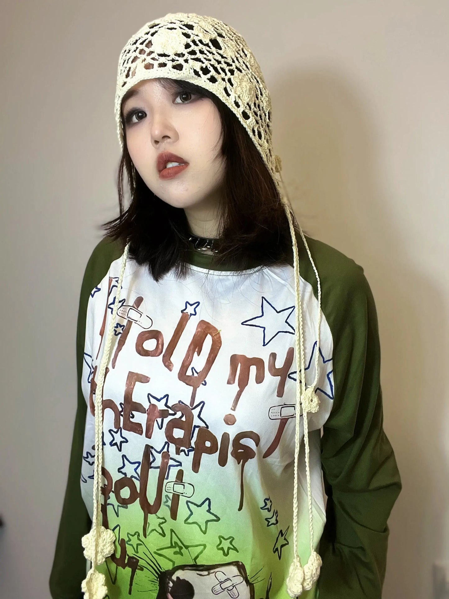 Free Shipping For 'Moss Girl' Grunge Patchwork Graffiti Top