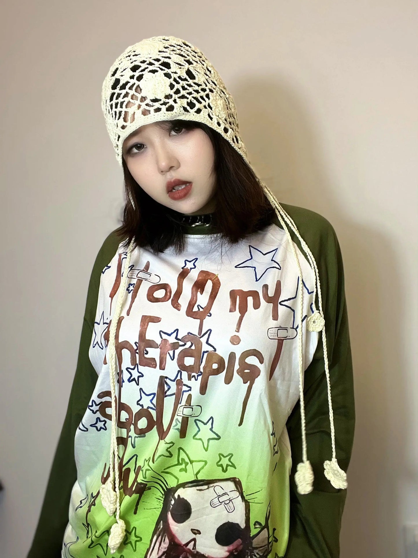 Free Shipping For 'Moss Girl' Grunge Patchwork Graffiti Top