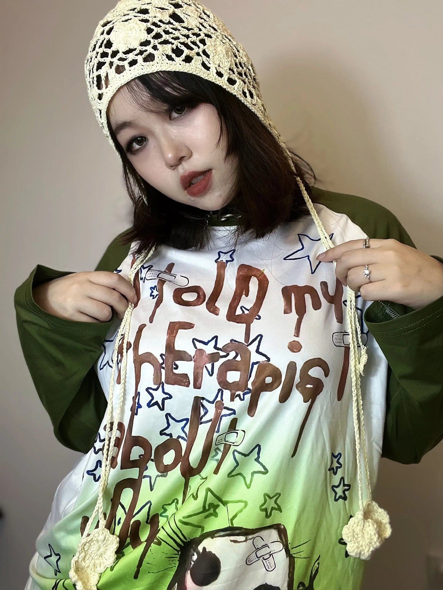 Free Shipping For 'Moss Girl' Grunge Patchwork Graffiti Top