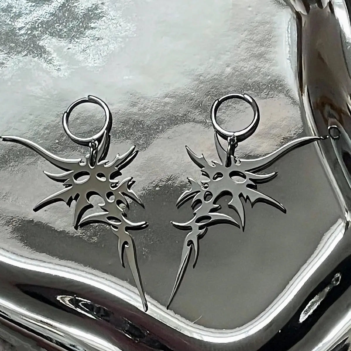 Free Shipping For 'Myth' Cybergoth Totem Silver Titanium Earrings