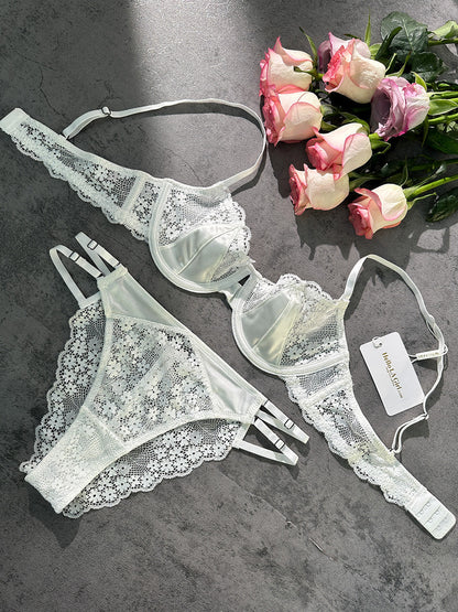 Free Shipping For  White Luxurious Satin Soft Lace Lingerie Set