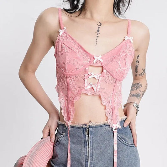 Free Shipping For 'Narcissism' E-girl Pink Bow-Tie Cami Top