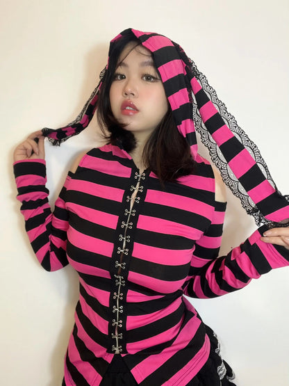 Free Shipping For 'Neon Rabbit' Kawaii Goth Pink Striped Rabbit Ear Top