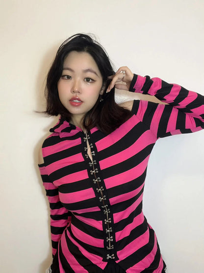 Free Shipping For 'Neon Rabbit' Kawaii Goth Pink Striped Rabbit Ear Top