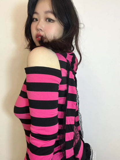 Free Shipping For 'Neon Rabbit' Kawaii Goth Pink Striped Rabbit Ear Top