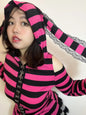 Free Shipping For 'Neon Rabbit' Kawaii Goth Pink Striped Rabbit Ear Top