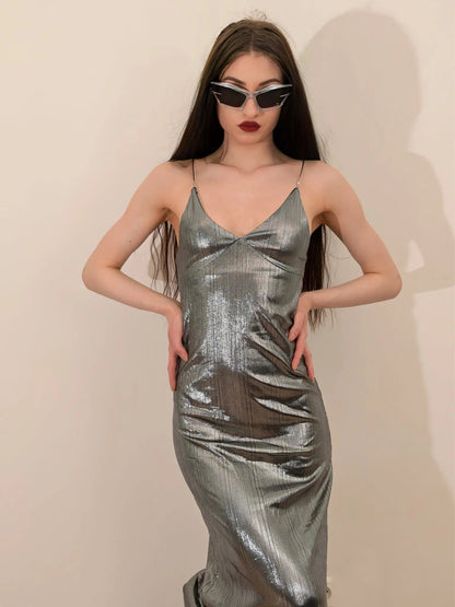 Free Shipping For 'Night City' Future Metallic Shinning Silver Dress