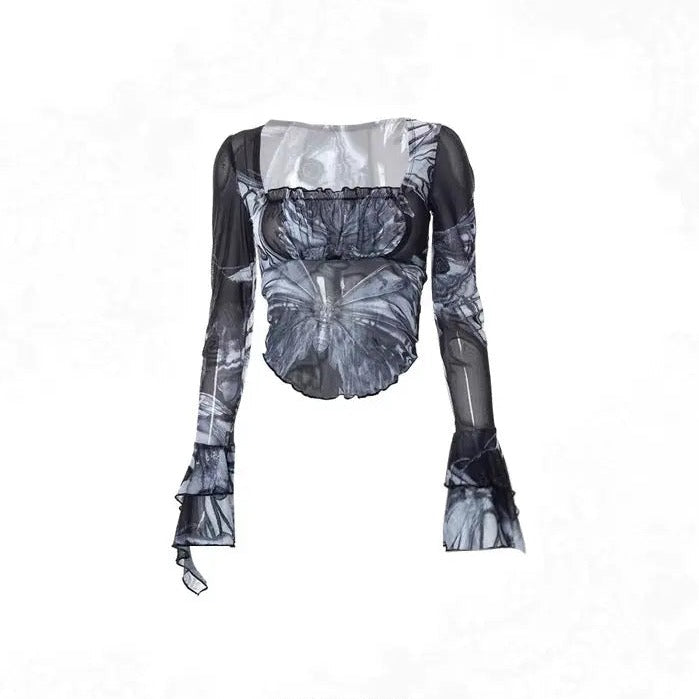 Free Shipping For 'Nightmare' Butterfly Goth Dark Print Mesh Top