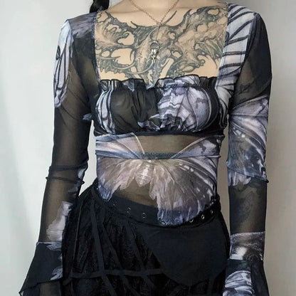 Free Shipping For 'Nightmare' Butterfly Goth Dark Print Mesh Top