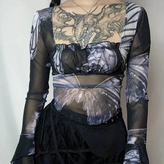 Free Shipping For 'Nightmare' Butterfly Goth Dark Print Mesh Top