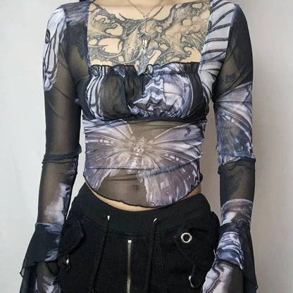 Free Shipping For 'Nightmare' Butterfly Goth Dark Print Mesh Top