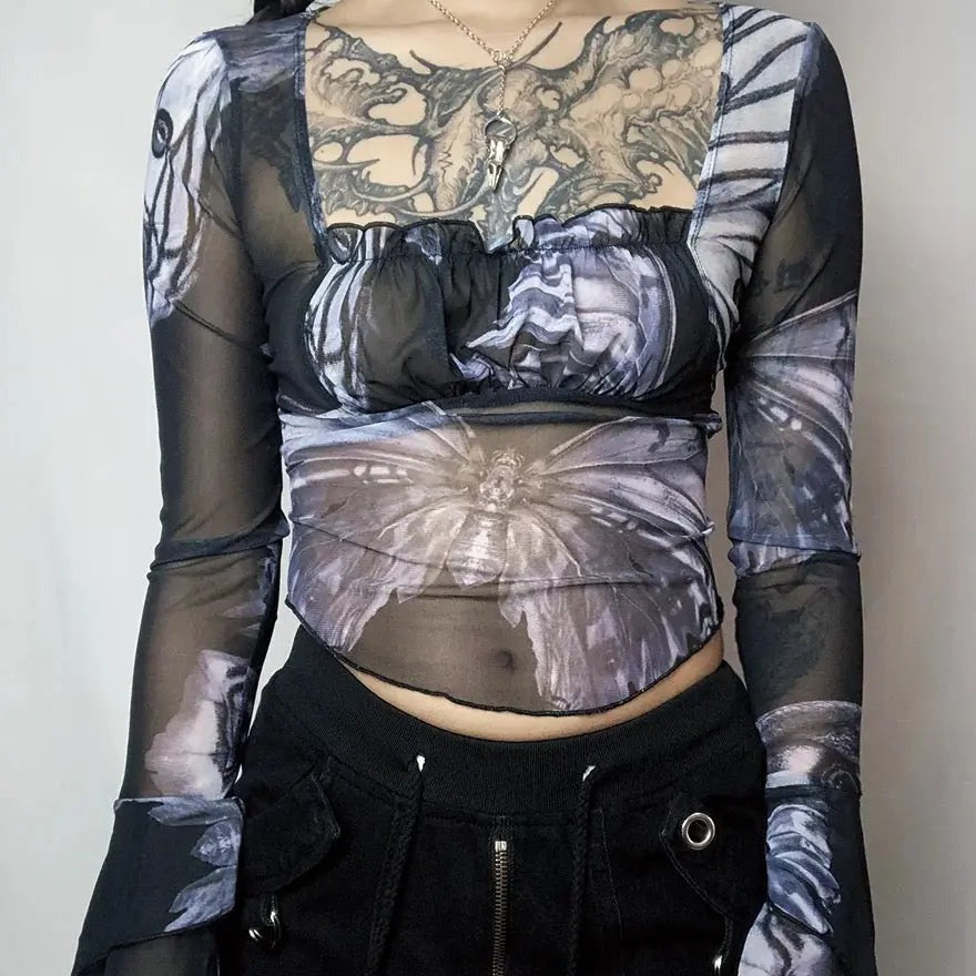 Free Shipping For 'Nightmare' Butterfly Goth Dark Print Mesh Top