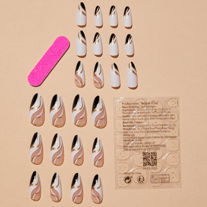 Almond Shape French Tip Bicolor Gold Wave Nail Tips