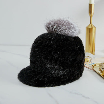 Stylish Mink Fur Cap with Fox Pom Pom - Winter Accessory