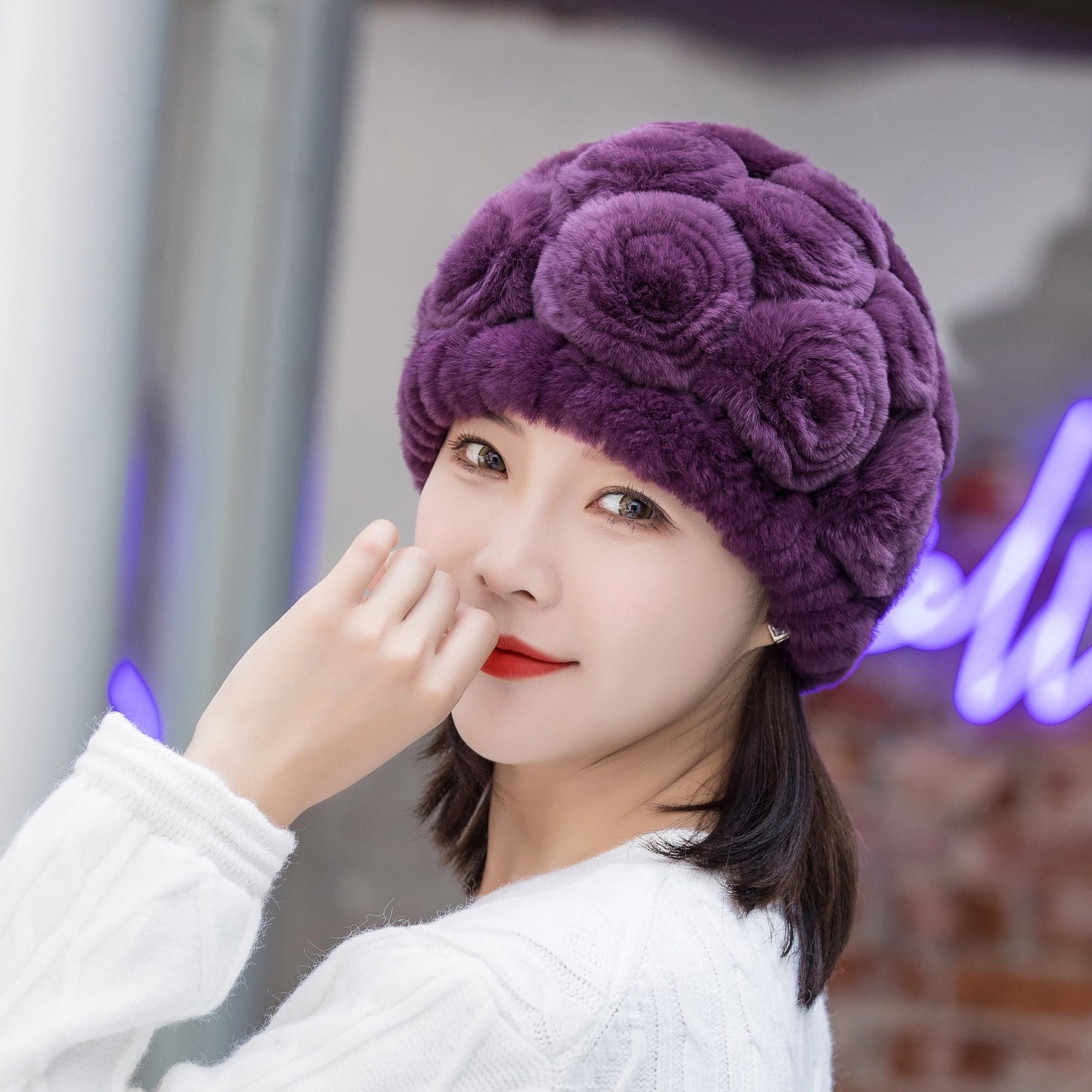 Warm Real Rabbit Fur Ear Flap Hat & Scarf Set