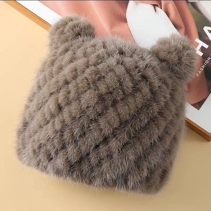 Winter Mink Fur Beanie with Cat Ears - Cozy & Cute